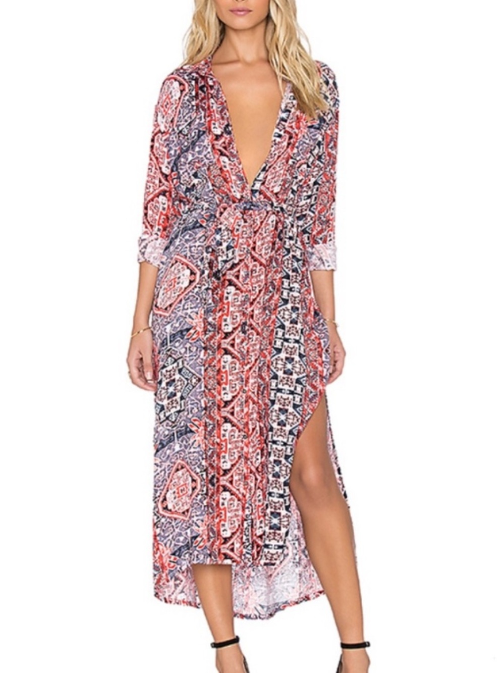 MINKPINK Abstract Printed Long Sleeve Button Front Viscose Dress Red/Navy/White